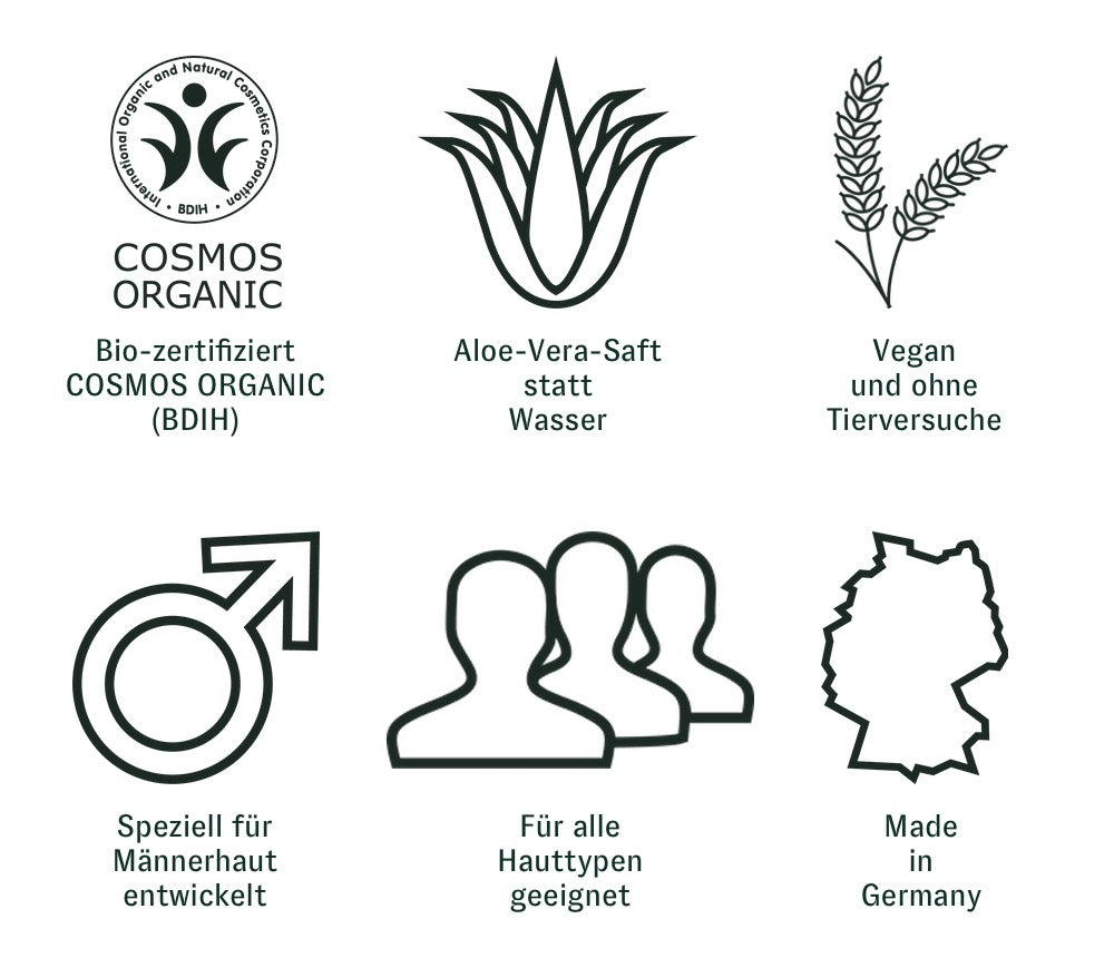 The GREEN + THE GENT product promise: certified organic, aloe vera instead of water, made in germany, vegan and without animal testing, suitable for all skin types, specially developed for men's skin.