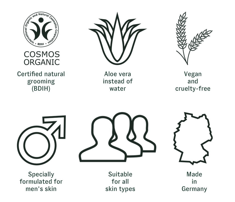 The GREEN + THE GENT product promise: certified organic, aloe vera instead of water, made in germany, vegan and without animal testing, suitable for all skin types, specially developed for men's skin